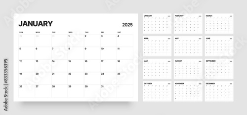 Monthly calendar template for 2025 year. Diary planner for 2025 year. Week Starts on Sunday. 