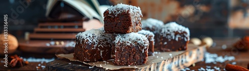 Australian lamingtons, sponge cake squares coated in chocolate and coconut, served on a wooden board with a backdrop of the Sydney Opera House