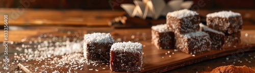 Australian lamingtons, sponge cake squares coated in chocolate and coconut, served on a wooden board with a backdrop of the Sydney Opera House