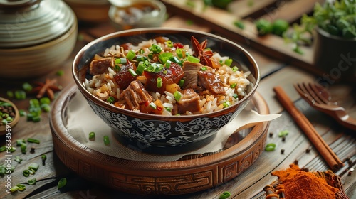Braised pork rice Lu Rou Fan, served in a traditional bowl with a cozy Taiwanese home kitchen setting