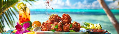 Caribbean fried conch fritters, served with a spicy dipping sauce, on a vibrant beachside table with tropical fruits and flowers