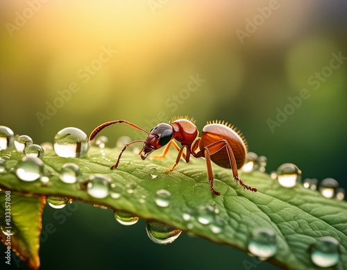 Une image détaillée et vibrante d’une fourmi, sur une feuille