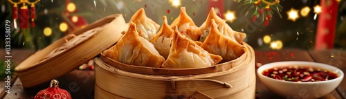 Chinese fried wontons, filled with pork and shrimp, served with a soy dipping sauce, on a bamboo steamer basket with a Chinese New Year celebration background