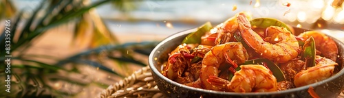 Goan prawn curry, prawns cooked in a spicy coconut gravy, served in a traditional bowl with a scenic Goan beach backdrop