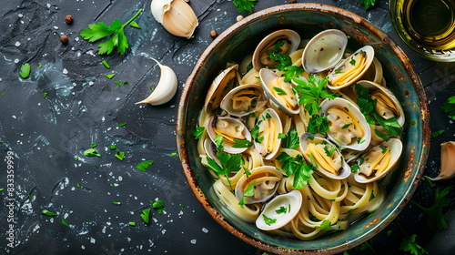 Linguine alle vongole with fresh clams, garlic, white wine, and parsley in a bowl.