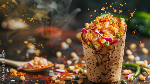 Indian bhel puri, puffed rice snack with tamarind sauce, served in a paper cone with a vibrant Indian street market backdrop