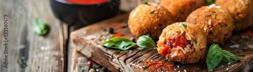 Italian arancini, rice balls filled with cheese and meat, served with marinara sauce on a rustic wooden board with a Sicilian countryside backdrop