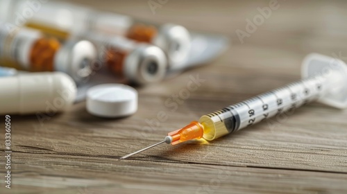 Syringe with a drop on a needle isolated on a white background. A yellow anticoagulant syringe photographed close up. Medicines in a syringe with a short needle