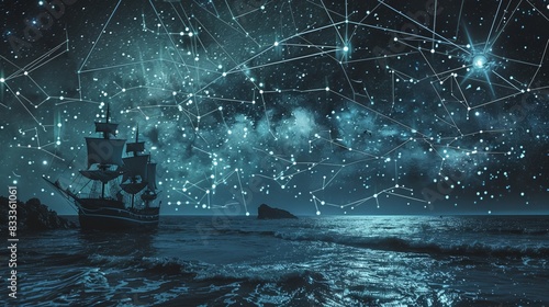 The intricate pattern of constellations in the night sky guided sailors across the open sea, navigating by the light of the stars.