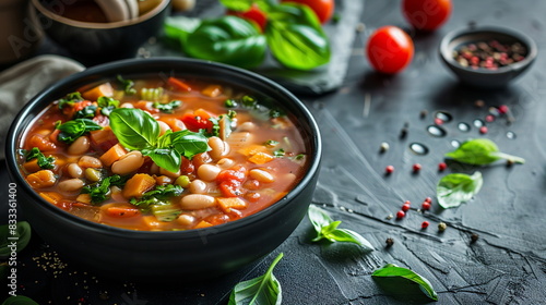 Minestrone soup with beans, pasta, and vegetables in a tomato-based broth.