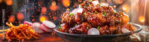 Korean fried chicken wings, coated in a spicy gochujang sauce, served with pickled radishes and a side of kimchi, against a backdrop of a bustling Korean street food market