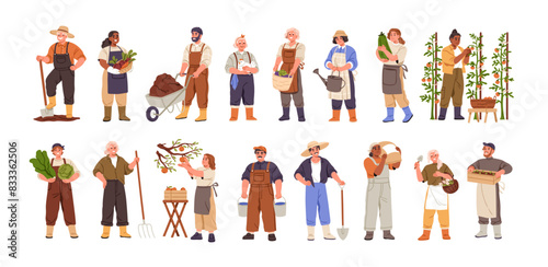 Agricultural worker set. Farmers, countryside rural characters, farming. Happy people during farm and garden works with crops, harvest, shovel. Flat vector illustrations isolated on white background