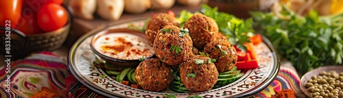 Lebanese falafel, crispy fried chickpea balls, served with tahini sauce and fresh vegetables, on a traditional Lebanese plate with a Middle Eastern souk backdrop