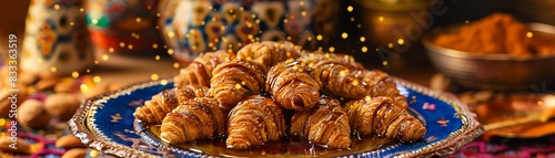 Moroccan briouats, sweet and savory pastries filled with almonds and honey, served on an ornate Moroccan platter with a colorful market background