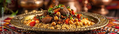Moroccan couscous with lamb, vegetables, and chickpeas, served on an ornate Moroccan platter with a colorful Moroccan souk background
