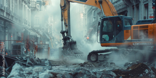 A close-up of a noisy construction site, with heavy machinery and dust affecting nearby residents