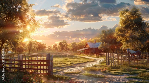 the image portrays a tranquil and idyllic rural farm scene with animals peacefully grazing in a lush, sunlit meadow, surrounded by rustic farm buildings and abundant nature.