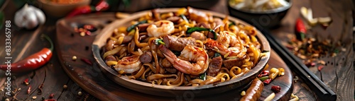Singaporean char kway teow with stirfried flat rice noodles, seafood, and Chinese sausage, served on a rustic wooden platter with a bustling Singaporean hawker center scene