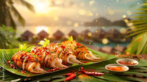 Thaistyle grilled squid with spicy seafood sauce, served on a banana leaf with a coastal village backdrop