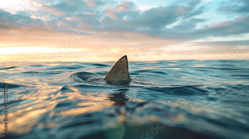 Shark fin breaking ocean surface during a vibrant sunset