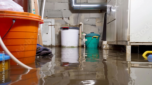 Flooded basement with failed sump pump and standing water