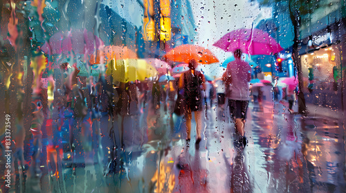 A sudden summer downpour transforms a city street into a scene of glistening pavement and vibrant reflections. People take shelter under colorful umbrellas, enjoying the brief respite from the heat. R