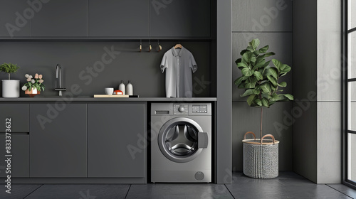 Modern gray laundry room with washer and plant decoration