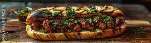 Argentine choripan, grilled chorizo sandwich with chimichurri, served on a wooden platter with a Buenos Aires street scene
