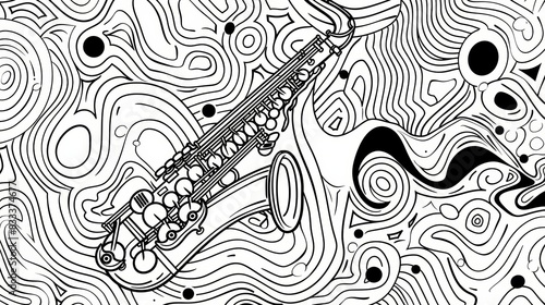 A whimsical coloring page of a saxophone playing a jazzy tune, with abstract patterns and shapes in the background.