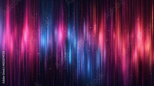 dynamic array of vertical lines, each emitting a glowing point of light. These lines vary in height and color, ranging from deep blues to bright purples and pinks
