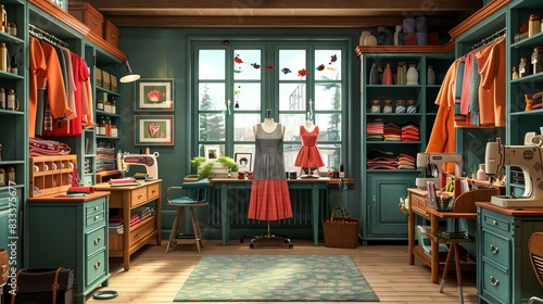 An illustration of a fashion design studio, with dress forms, sewing machines, and fabric swatches, inviting the user to add color and detail.