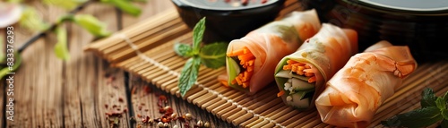 Fresh and healthy Vietnamese spring rolls with vegetables and shrimp. Served with a delicious dipping sauce. Perfect for a light and refreshing meal.