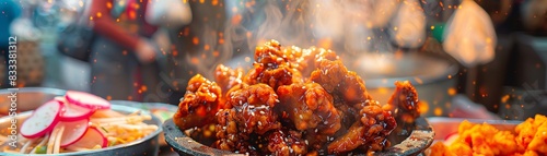 A tantalizing close-up of a sizzling plate of Korean fried chicken, with a variety of pickled vegetables on the side