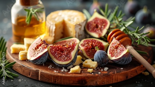 The image shows a variety of cheeses, figs, honey and rosemary on a wooden board.