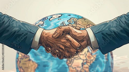 International Partnerships Handshake over a globe, representing forming partnerships with international entities