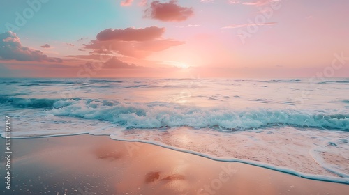 Peaceful beach at dusk with soft waves lapping the shore and a vibrant sunset in the sky. 8k, realistic, full ultra HD, high resolution and cinematic photography