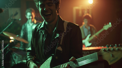 a man is playing an electric guitar with a smile on his face. He is wearing a leather jacket and is the main focus of the photo. Another person out of focus playing keyboard in the background