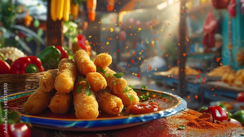 Venezuelan tequenos, cheese sticks wrapped in dough, served with a spicy dipping sauce on a colorful plate with a bustling street market background