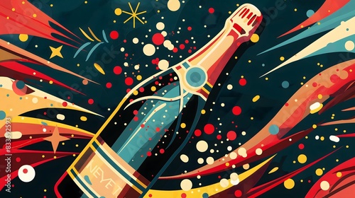 3. A sleek and modern Happy New Year poster for 2025, featuring bold typography and a stylized illustration of a champagne bottle popping with excitement