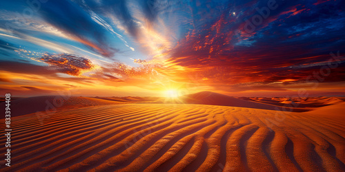Beautiful sunset in desert with sand dunes and rays of light 