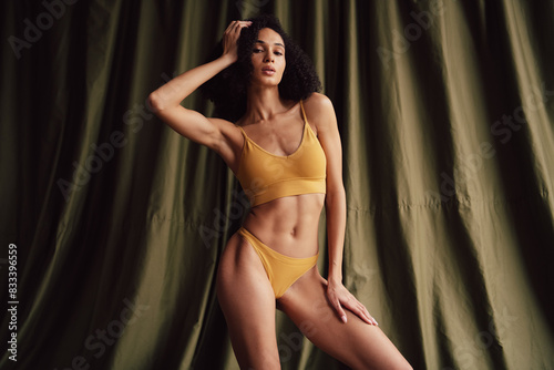 No retouch photo of stunning girl wear trendy sportswear isolated on linen khaki color background