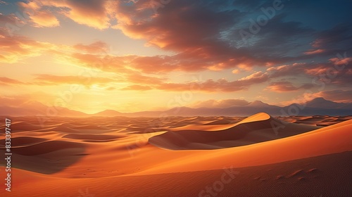 Photograph of a breathtaking sunrise over a vast desert landscape, with the sand dunes glowing in the warm light.