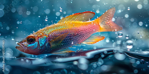 A rainbow-colored fish with sparkling water droplets, Vibrant trout swimming in sparkling water with vivid colors and detailed scales, showcasing the beauty of aquatic life in a dynamic and lively sce