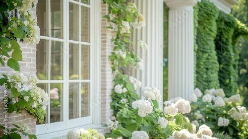 elegant house exterior with white brick walls and classic white columns, featuring a window with a reflection and a blooming hydrangea bush