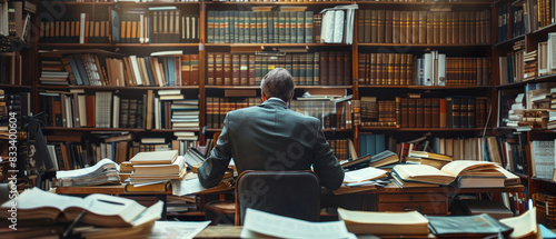 Lawyer in office, overwhelmed with legal documents on desk, bookshelves filled with law books