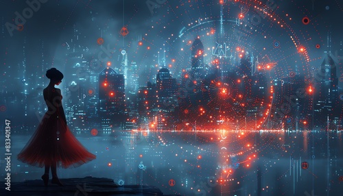 A lone woman in a red dress stands on a cliff overlooking a futuristic city illuminated by glowing lights.