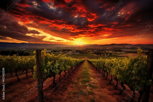 Beautiful golden hour sunset over the picturesque vineyard landscape in the wine country, showcasing the scenic agricultural beauty of the grapevines, rows, and fields