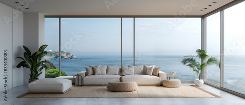 Beachfront luxury living room with minimalist style and panoramic sea views, 3D render for stock photo use