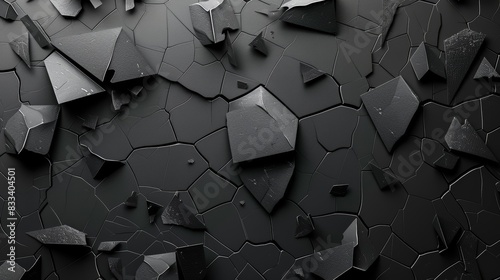 Abstract 3D render of dark, shattered geometric shapes on a cracked surface, portraying a dynamic depth and texture visual concept.