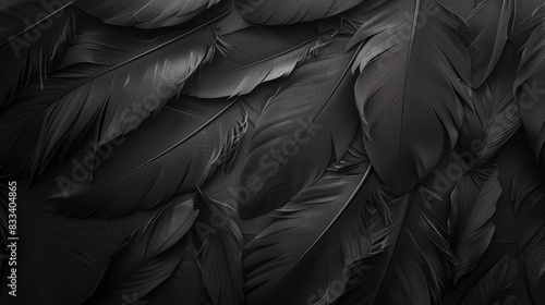 A close-up shot of overlapping black feathers, creating an abstract and elegant texture with a soft, detailed pattern.